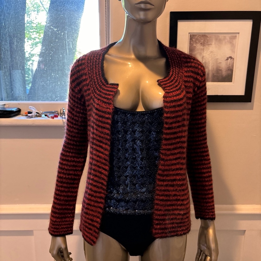 VTG PHILLIPE RONSARD.PARIS DESIGNER KNIT SWEATER JACKET TOP SZ S BLACK ORANGE